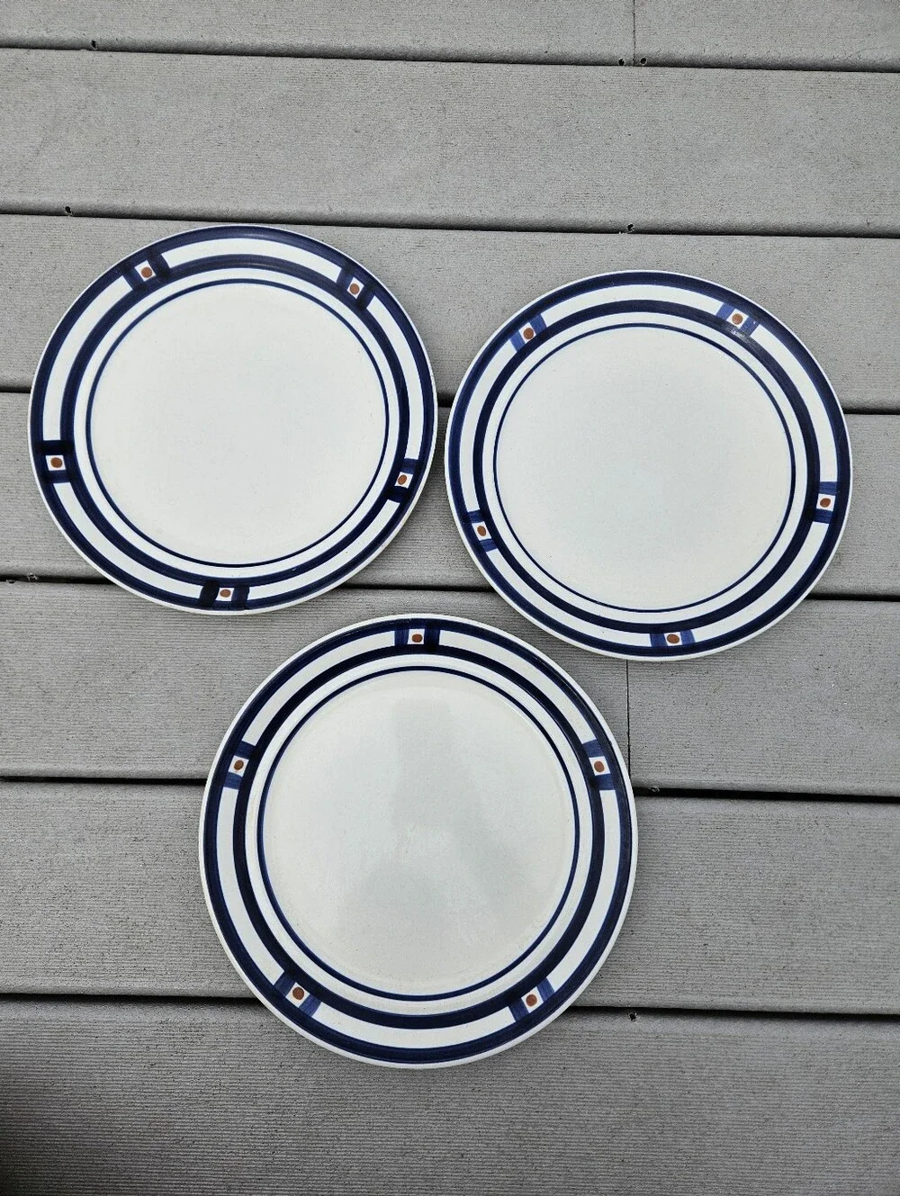 Mikasa White Dinner Plates with Navy Blue and Brown Accent - Set of 3